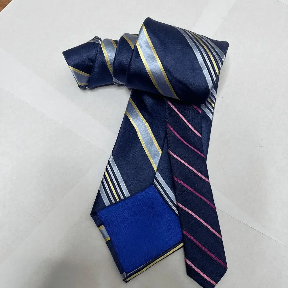 Vintage Tommy Hilfiger‎ 100% Silk Blue Yellow Striped Tie Preppy 90s
